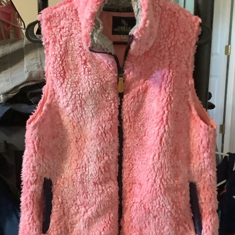 Simply Southern Pink and‎ Gray Sherpa Vest, small, full zip
